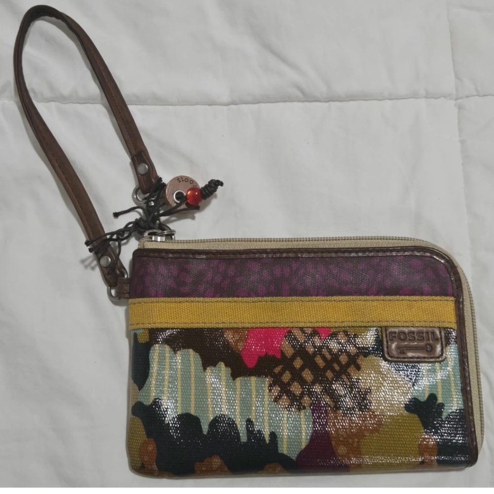 Vintage Fossil Key-Per Wristlet Wallet Card Holder Waxed Canvas Multicolor EUC
